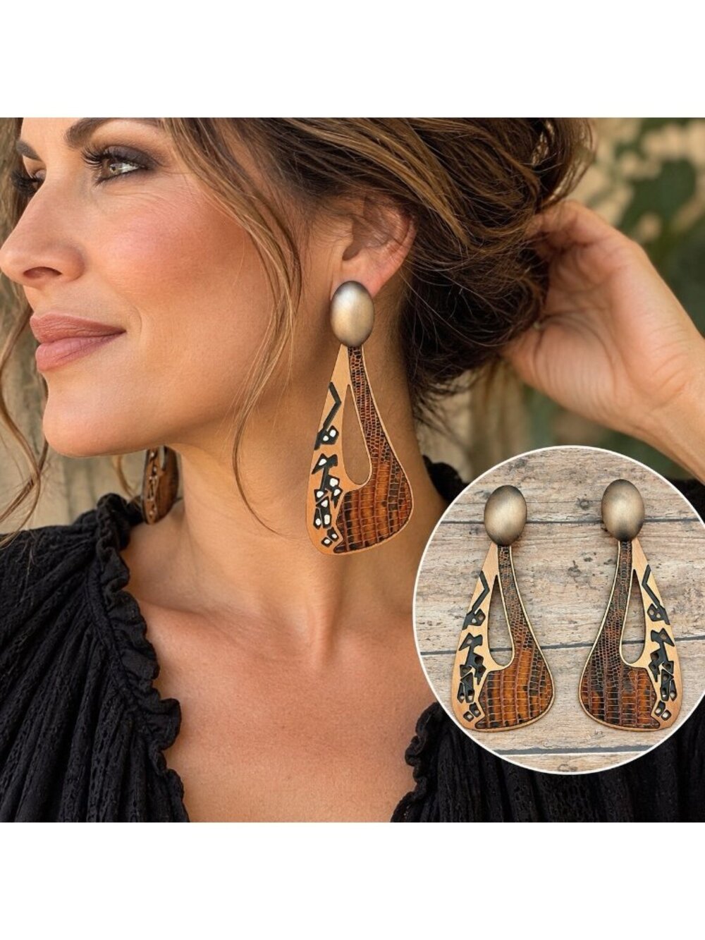 Artisan Copper Mixed Media Earrings 3.5” Long Dangle Boho Modernist Statement